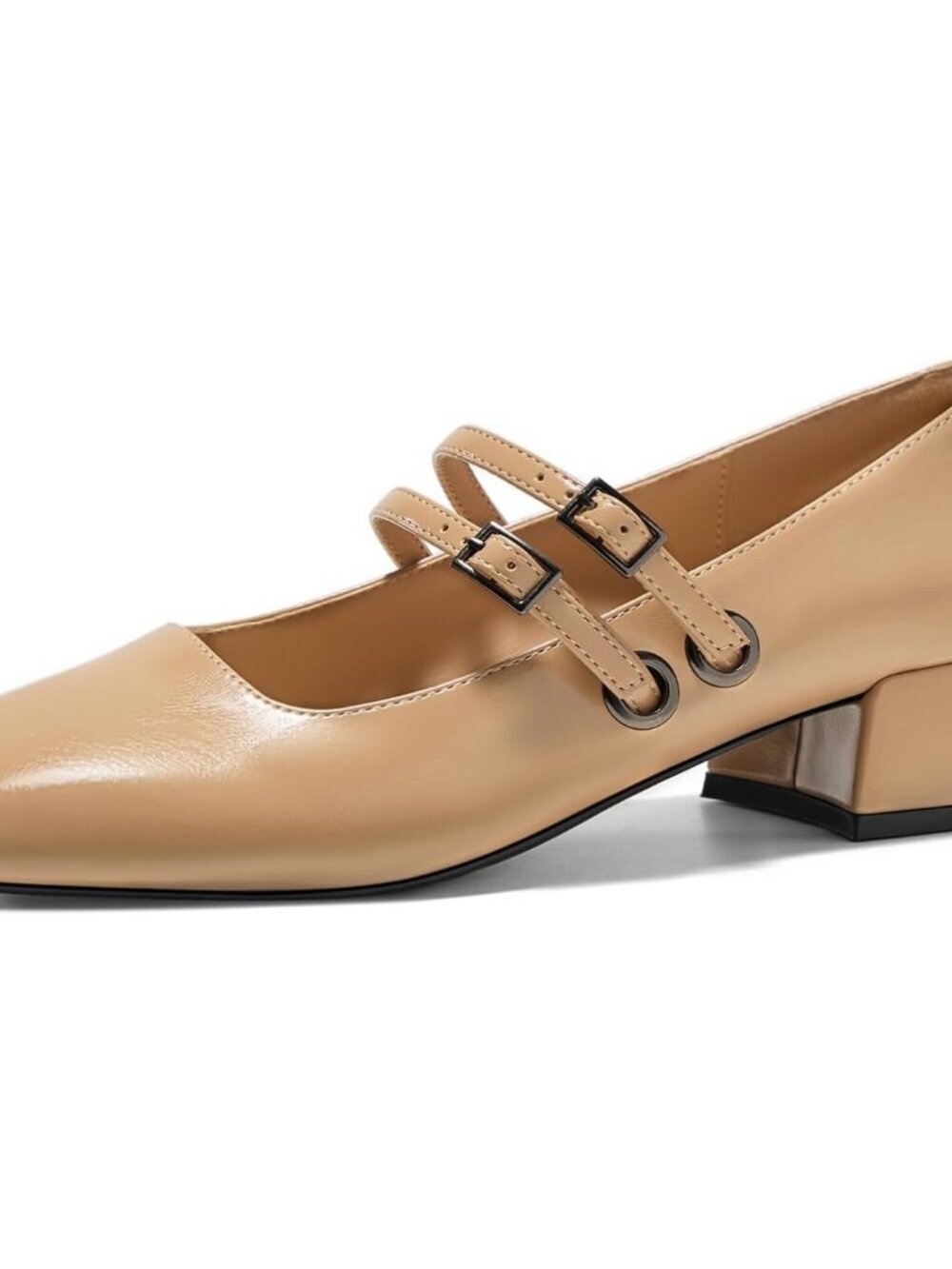 Women's Nude Mary Jane Low Pearl Heels Closed Square Toe Pumps Ballet Shoes